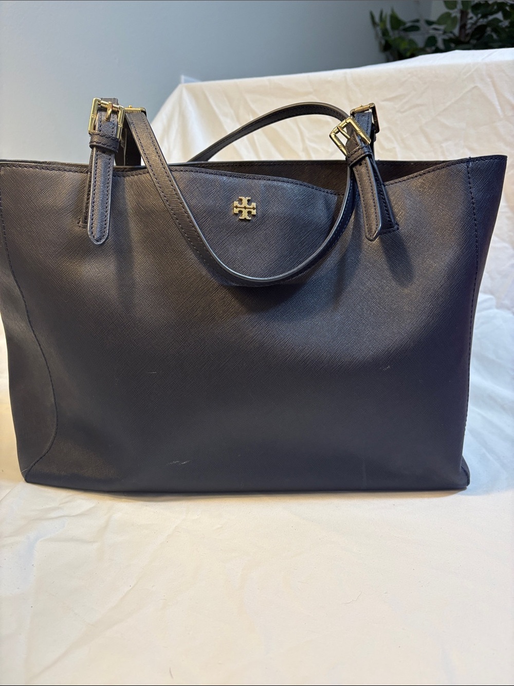 Tory Burch Navy Saffiano Leather Tote with Gold Logo
